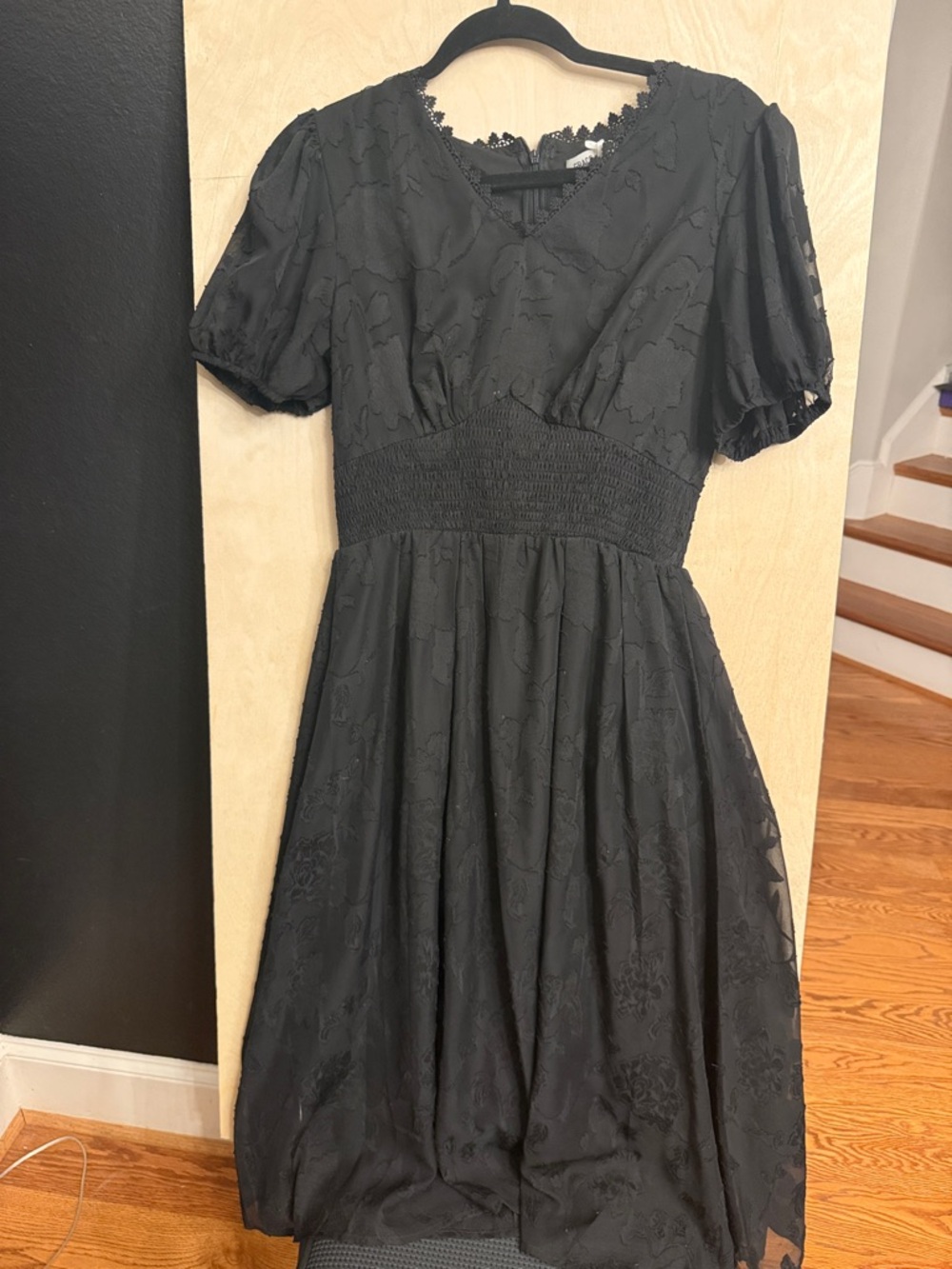Grace Karin Black Puff Sleeve Midi Dress with Smocked Waist
